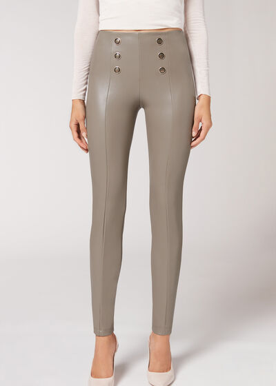 Skinny Sailor Coated-Effect Leggings with Buttons