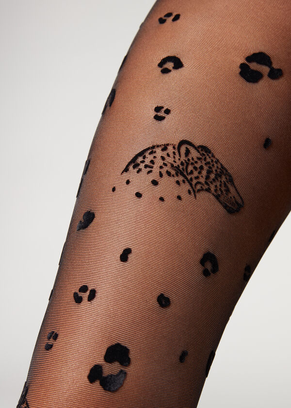 Strumpfhose 30 Denier mit Leopardenmotiv und Animal-Flockdruck