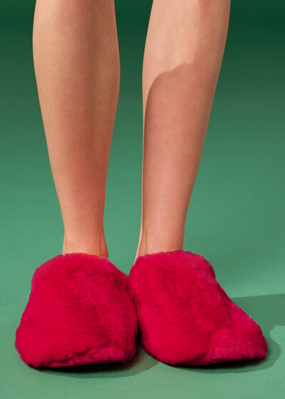 Bright Red Soft Teddy Fabric Slippers