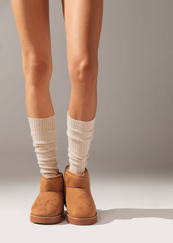 Rebraste samostojeće čarape natkoljenke s vunom i kašmirom