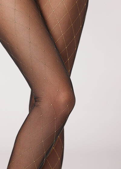 Gold Diamond-Patterned Tulle Tights