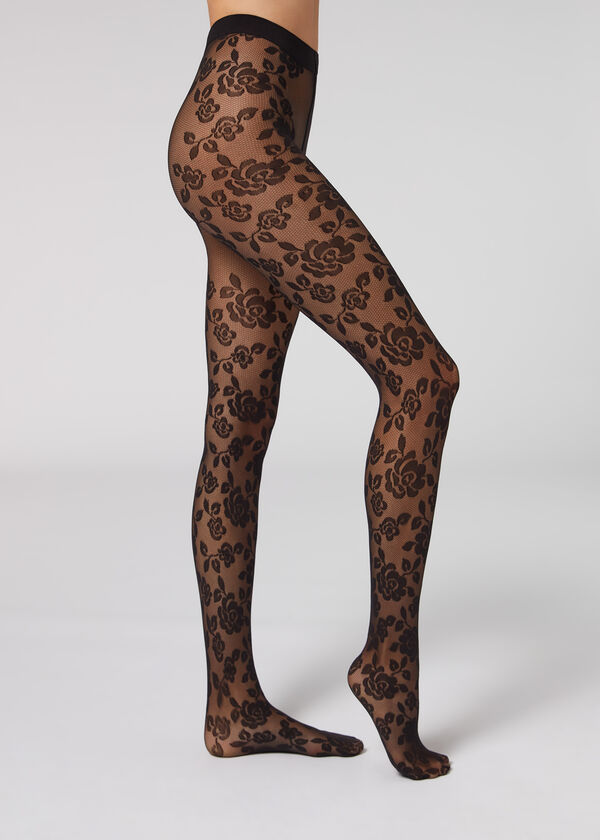 Floral Motif 40 Denier Tulle Tights - Calzedonia