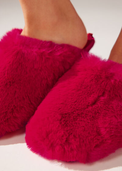 Bright Red Soft Teddy Fabric Slippers