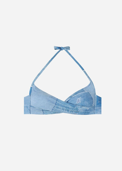 Denim Graduated Padded Crossover Triangle Bikini Top Ibiza