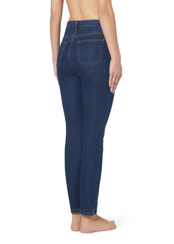 Denim leggings with crisscross pattern and detail at the waist