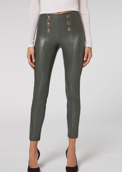 Skinny Sailor Coated-Effect Leggings with Buttons