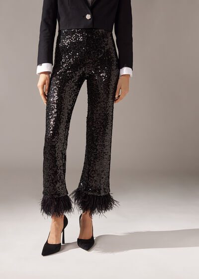 Sequin Flared Cropped Leggings with Feathers