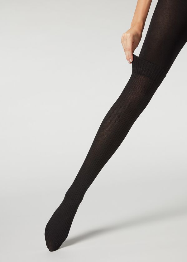 Ribbed Longuette Effect Tights with Cashmere