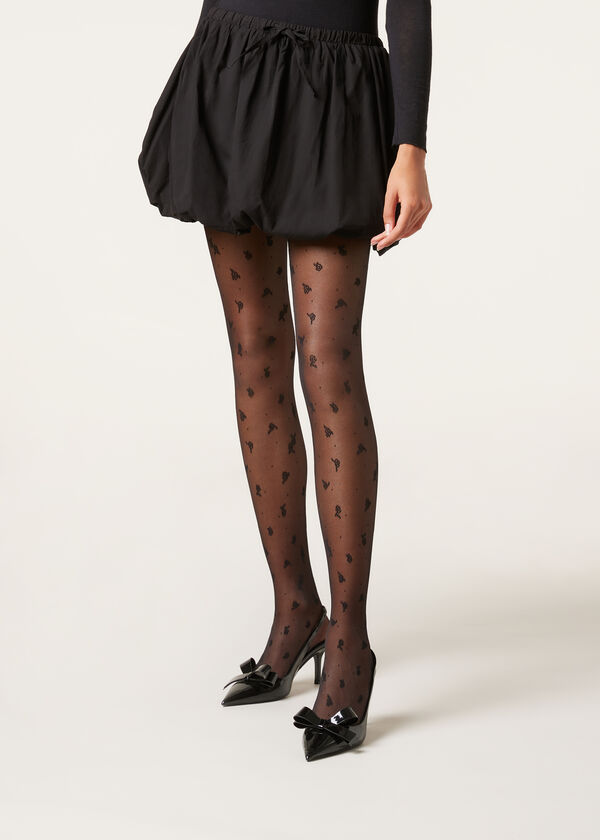 40 Denier Tulle Tights with Small Rose Pattern