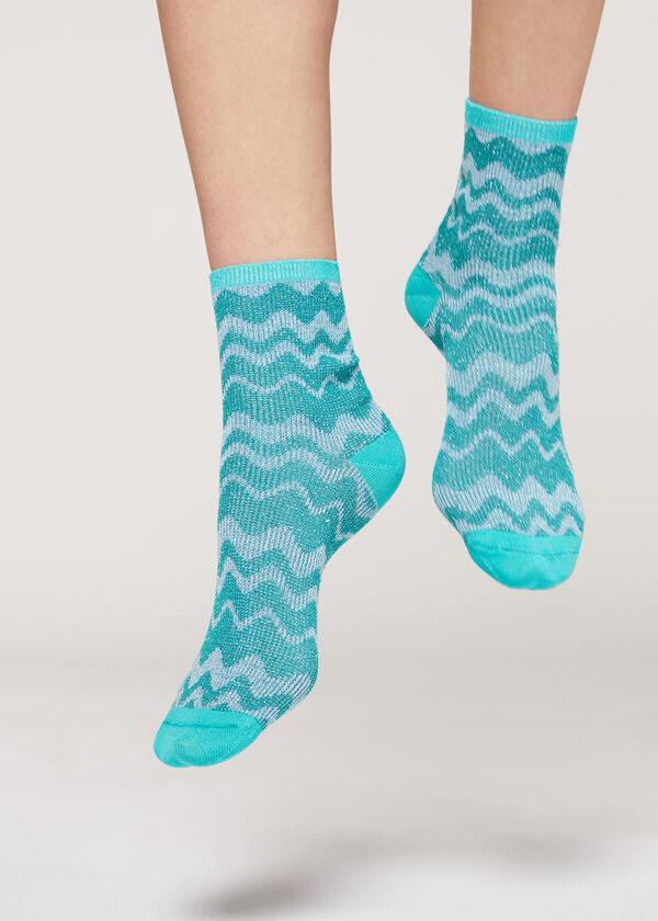 Wave Motif Short Socks with Glitter