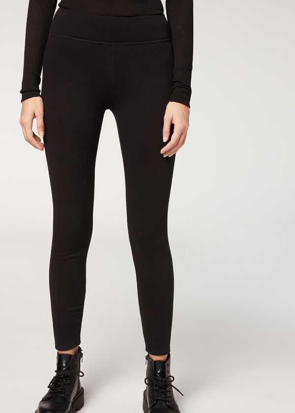 PLUSH FLARED RIBBED LEGGINGS - Black