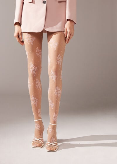 Sheer 40 Denier Floral and Micro-Dot Tulle Tights