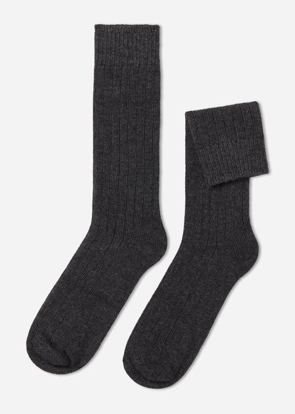 Krátké pánské žebrované ponožky s vlnou a kašmírem