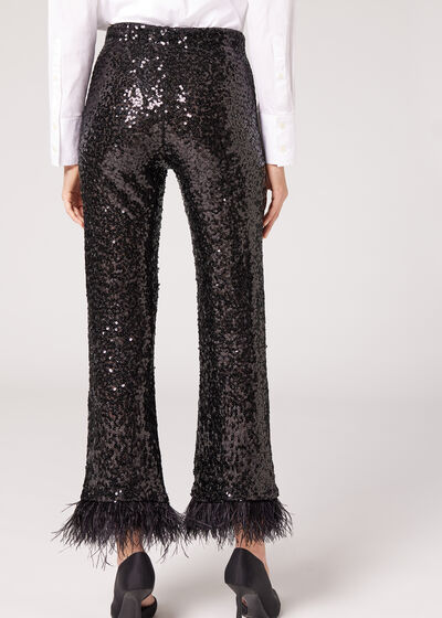 Cropped Sequin Flared Leggings with Feathers