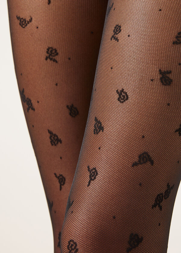 40 Denier Tulle Tights with Small Rose Pattern