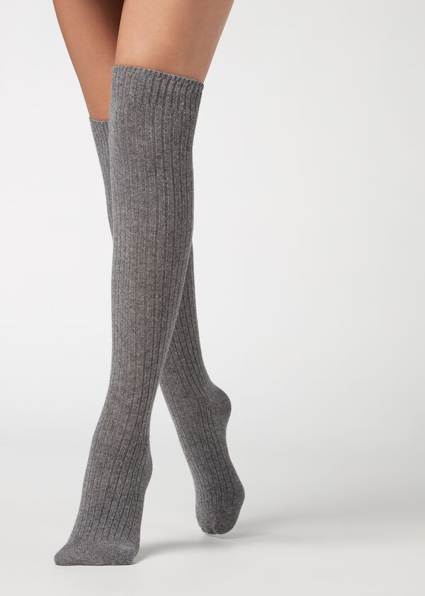 Lange gerippte Damensocken mit Wolle und Cashmere