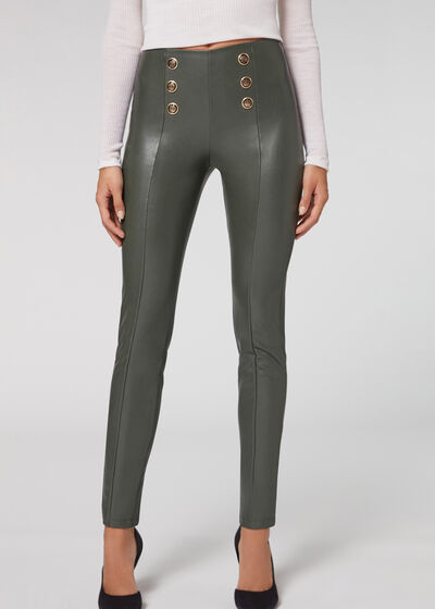 Skinny Sailor Coated-Effect Leggings with Buttons