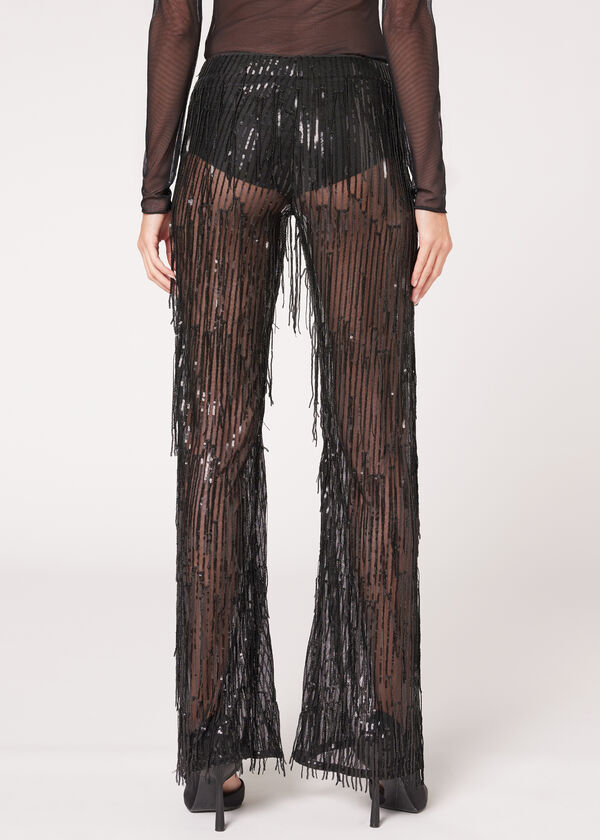Flare Leggings mit Paillettenfransen