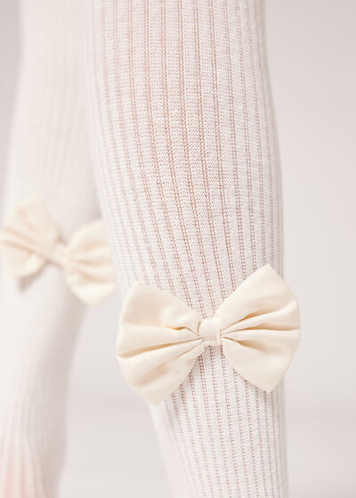 Girls’ Narrow Rib Cotton Tights with Bow