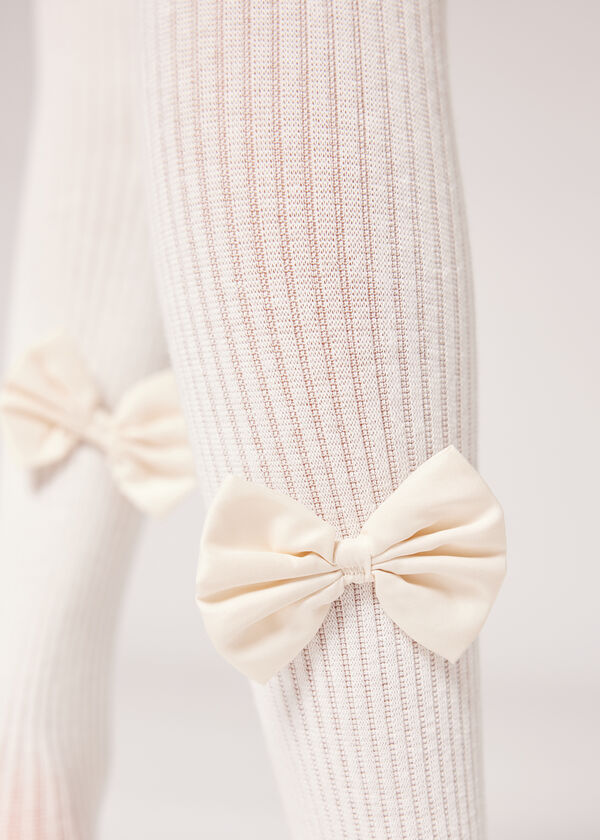 Girls’ Ribbed Cotton Tights with Bow