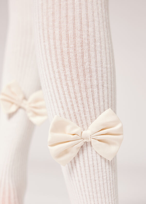 Girls’ Narrow Rib Cotton Tights with Bow