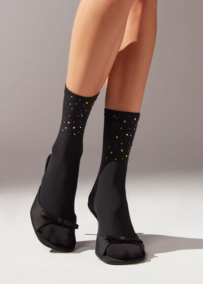 Opaque Short Socks with Rhinestones