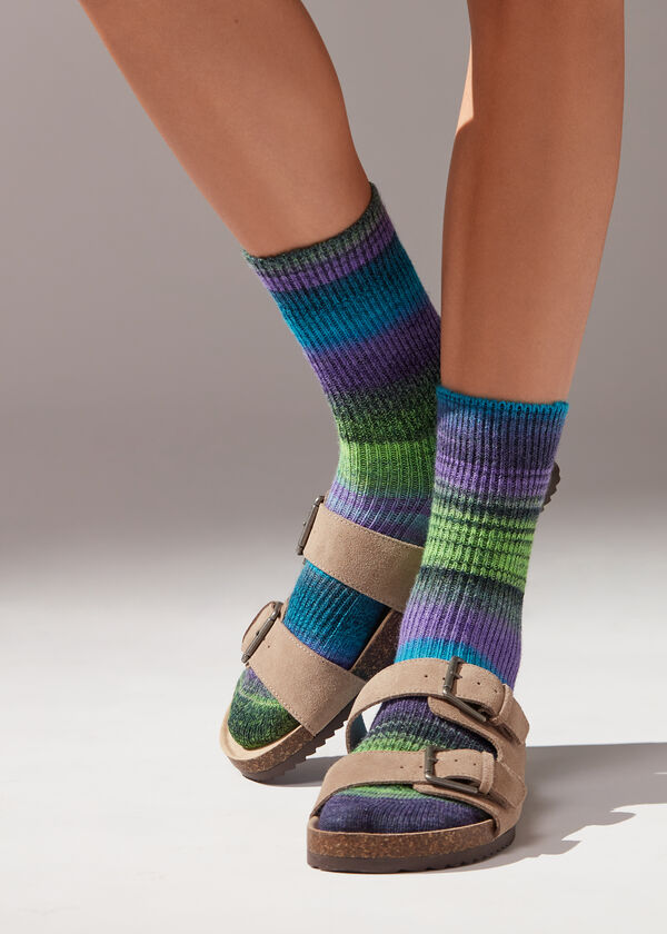 Multicoloured Striped Short Socks with Wool