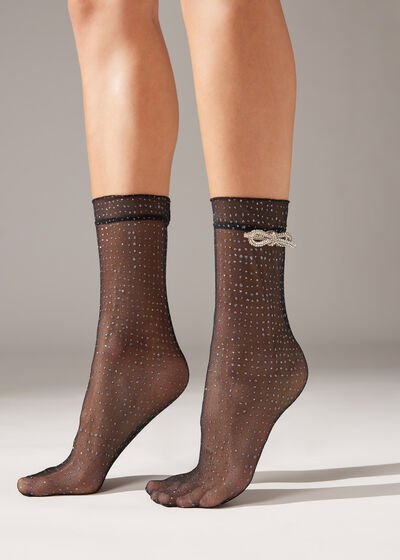 Tylové trblietavé bodkované krátke ponožky s brošňou v tvare mašličky