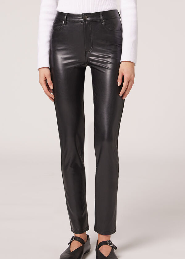 CALZEDONIA women's mid-waist slim leather pants tight and
