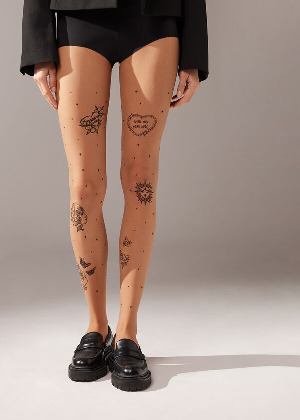 Pantis Transparentes de 20 Deniers con Estampado de Tatuajes Old School