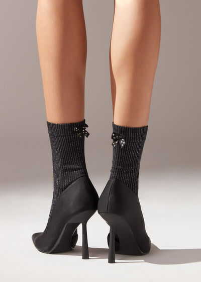 Ribbed Opaque Short Socks with Bow