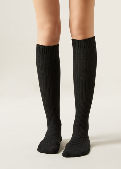 Chaussettes Hautes Côtelées avec Laine et Cachemire