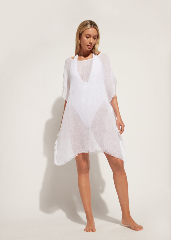 Fringed Caftan in Linen Mesh