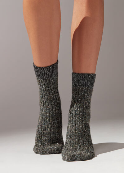 Κοντές Κάλτσες με Μαλλί σε Ριμπ Πλέξη και Γκλίτερ