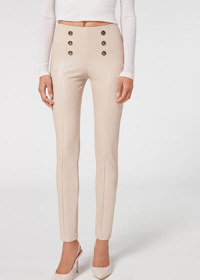 Skinny Sailor Coated-Effect Leggings with Buttons