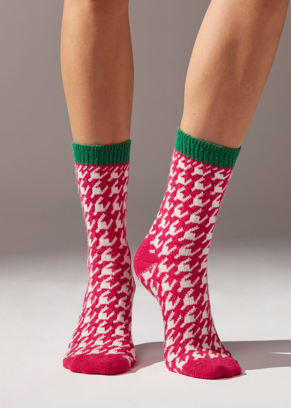 Houndstooth-Patterned Short Socks with Cashmere