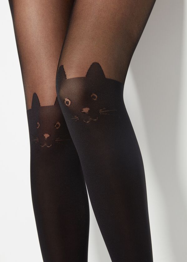 Collant Effet Chaussettes Hautes à Motif Chat