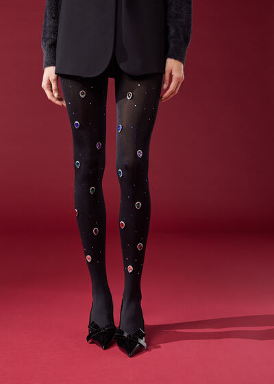 Opaque Tights with Multicolored Stones