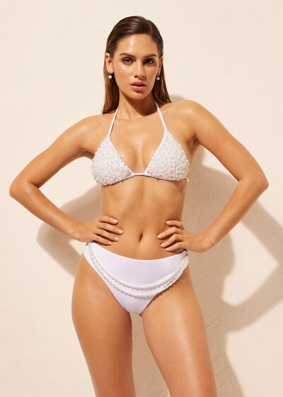 Removable Padding Triangle Swimsuit Top White Pearls
