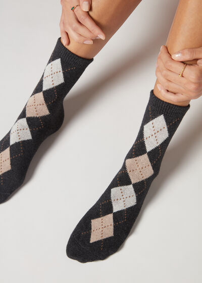 Diamond-Pattern Cashmere Short Socks
