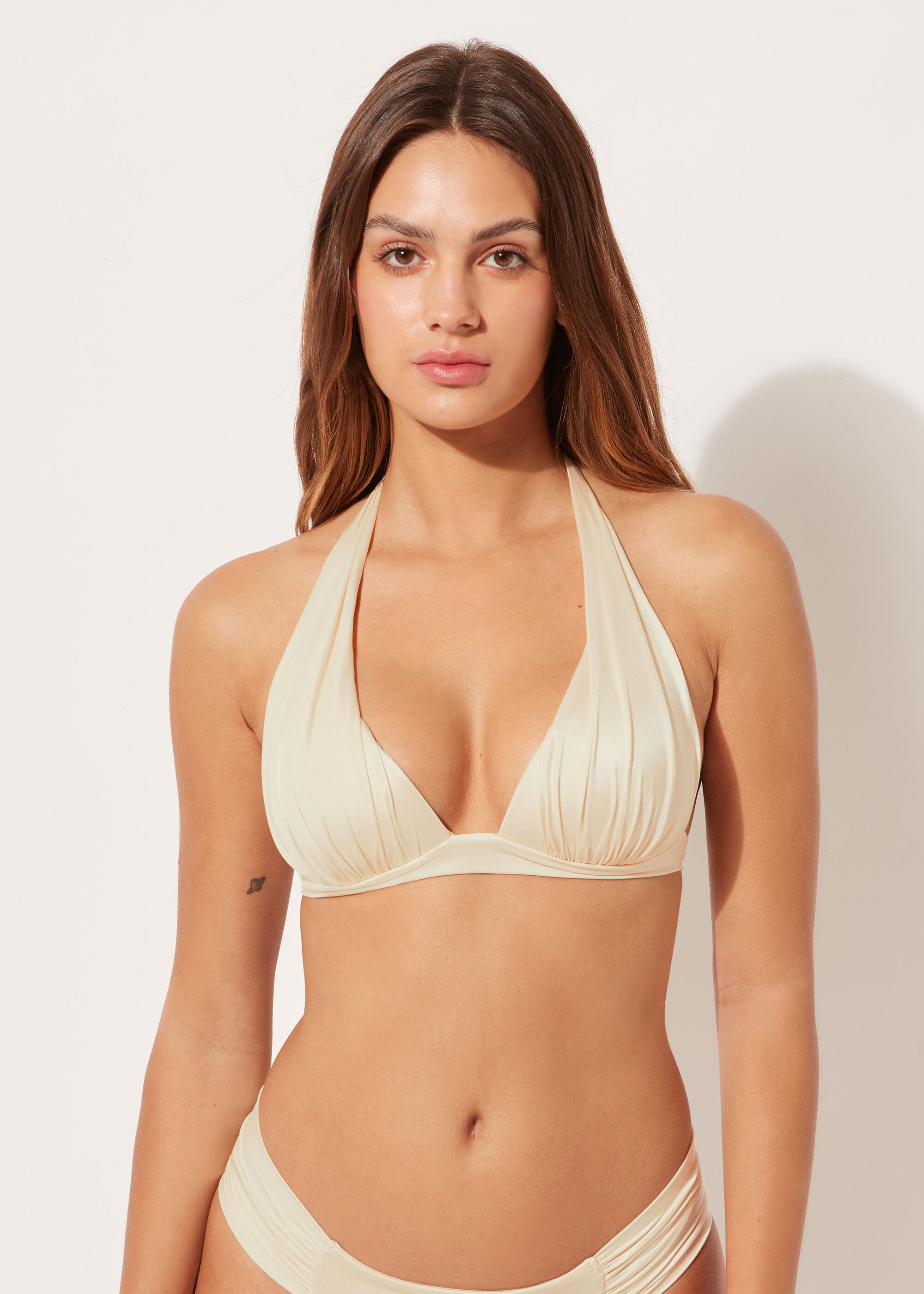 Graduated Padded Triangle Bikini Top Shiny Satin
