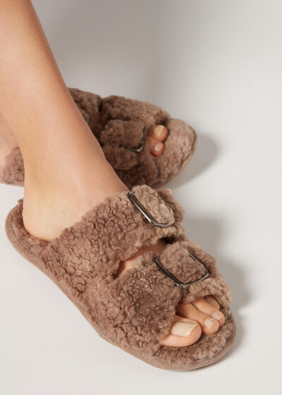 Open Toe Plush Slippers with Buckles