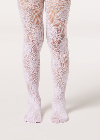 Dievčenské sieťované pančuchové nohavice s čipkovaným kvetovaným motívom