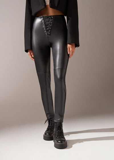 Skinny Thermal Coated-Effect Leggings with Ties