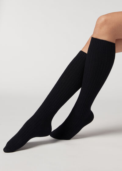 Lange gerippte Damensocken mit Wolle und Cashmere