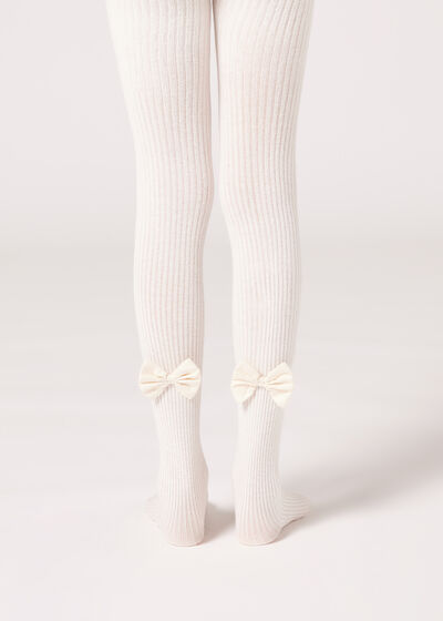 Girls’ Narrow Rib Cotton Tights with Bow