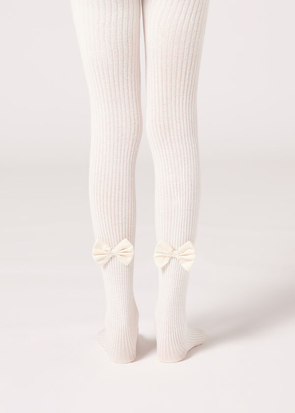 Girls’ Ribbed Cotton Tights with Bow