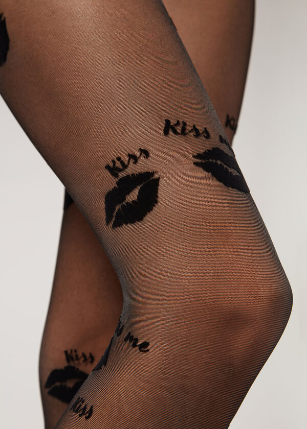 Sheer 30 Denier “Kiss Me” Lip Print Tights