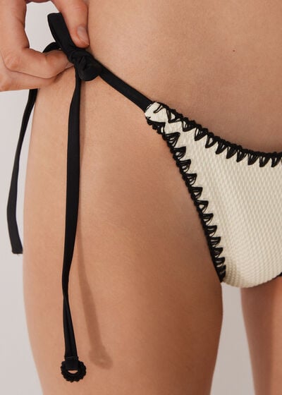 Brazilian String Swimsuit Bottom Bicolor Embroidery