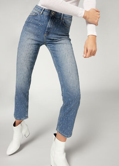 Diamanté Appliqué Straight Jeans with Slits